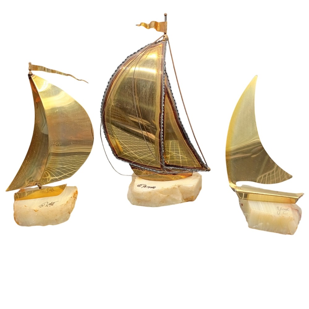 J Mott Yosi Brass Sailboat Sculpture Set Onyx Base Nautical MCM Office Decor